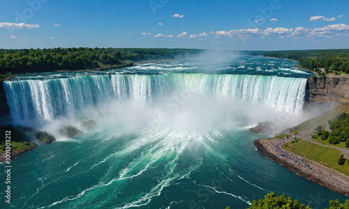 Niagara Falls on a sunny summer day, with the water cascading over the edge and creating a mist