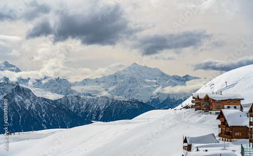 View on winter mpuntains from Eggishorn peak, Alps.
