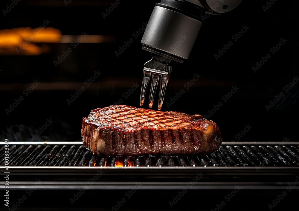 Robotic Arm Grilling Perfect Steak in HighTech Restaurant Kitchen Food Technology Innovation Robotic Arm Grilling Perfect Steak in HighTech Restaurant Kitchen Food Technology Innovation