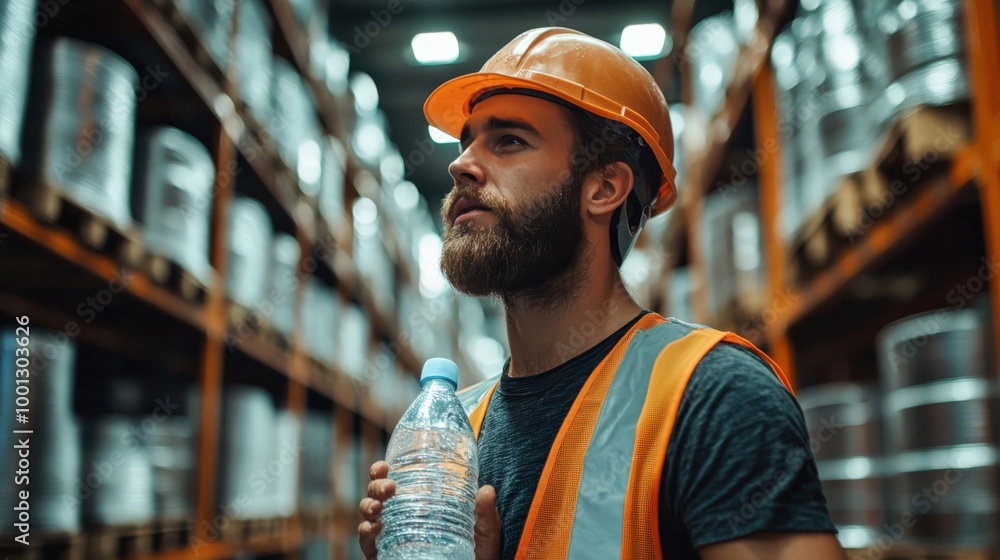 Young warehouse worker drinking water to cool off in summer heat Young warehouse worker drinking water to cool off in summer heat