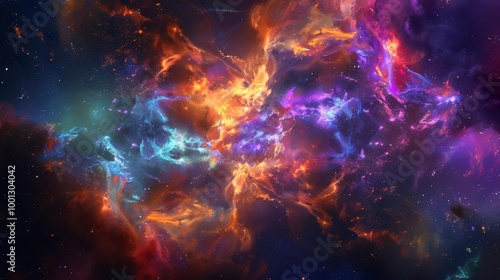 Abstract cosmic nebula with vibrant colors and swirling patterns.