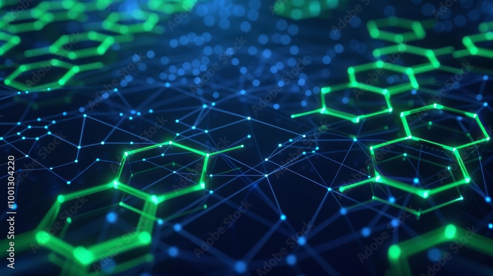 Abstract background with glowing green and blue hexagonal network. Futuristic technology concept. Abstract background with glowing green and blue hexagonal network. Futuristic technology concept.