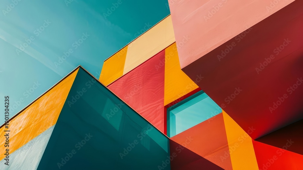 Fototapeta premium Abstract architectural design with colorful geometric shapes and vibrant hues.