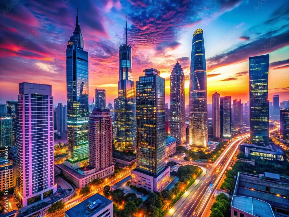 Obraz premium Vibrant neon lights illuminate a dark cityscape at dusk, with sleek skyscrapers, gleaming streets, and futuristic