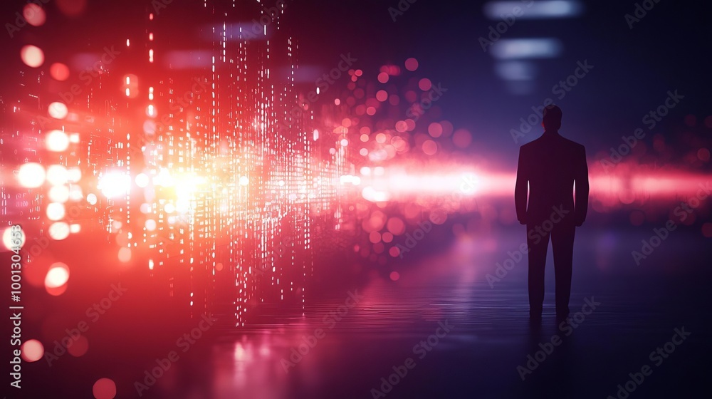Silhouette of a businessman against a vibrant digital backdrop. Silhouette of a businessman against a vibrant digital backdrop.