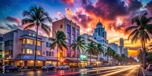 Vibrant neon lights illuminate a bustling cityscape at dusk, with art deco buildings, palm trees, and speeding cars,