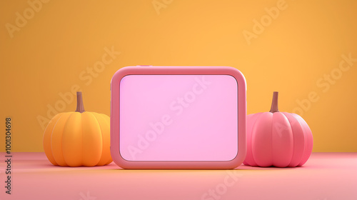 A tablet surrounded by pumpkins in an autumn setting. Perfect for Halloween party invitations and social media posts.