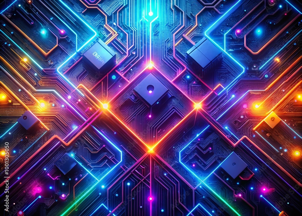 Vibrant neon lights illuminate futuristic digital circuits, wires, and microchips on a dark background, creating a