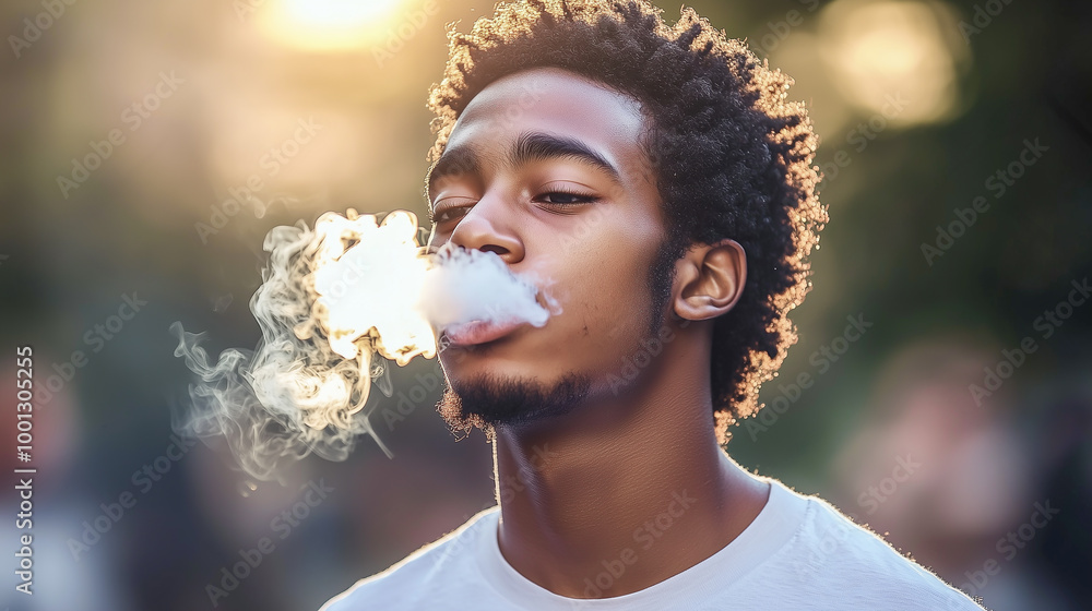 A young African American exhales smoke