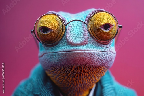 vibrant portrait of a fashionable anthropomorphic chameleon in a tailored suit and glasses set against a bold pink background radiating humor and style