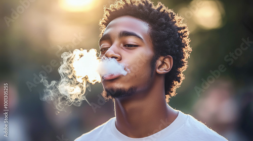 Obraz na płótnie A young African American exhales smoke w salonie