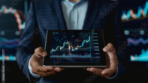 Wallpaper Mural Businessman analyzing financial data on a tablet in front of multiple screens showing graphs. Torontodigital.ca