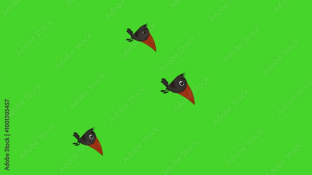 2d animated character of Three cute black crows with big orange beaks flying in the sky, entering from the left and exiting from the right . in green screen background chroma key. 2d animated character of Three cute black crows with big orange beaks flying in the sky, entering from the left and exiting from the right . in green screen background chroma key.