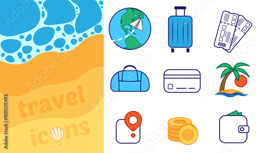 Travel icon set: flight, suitcase, tickets, bag, card, beach, map, coins and wallet with money. Banner with sea, sand, seashell. Perfect for tourism, trip planning, vacation app. Simple colored style. photo