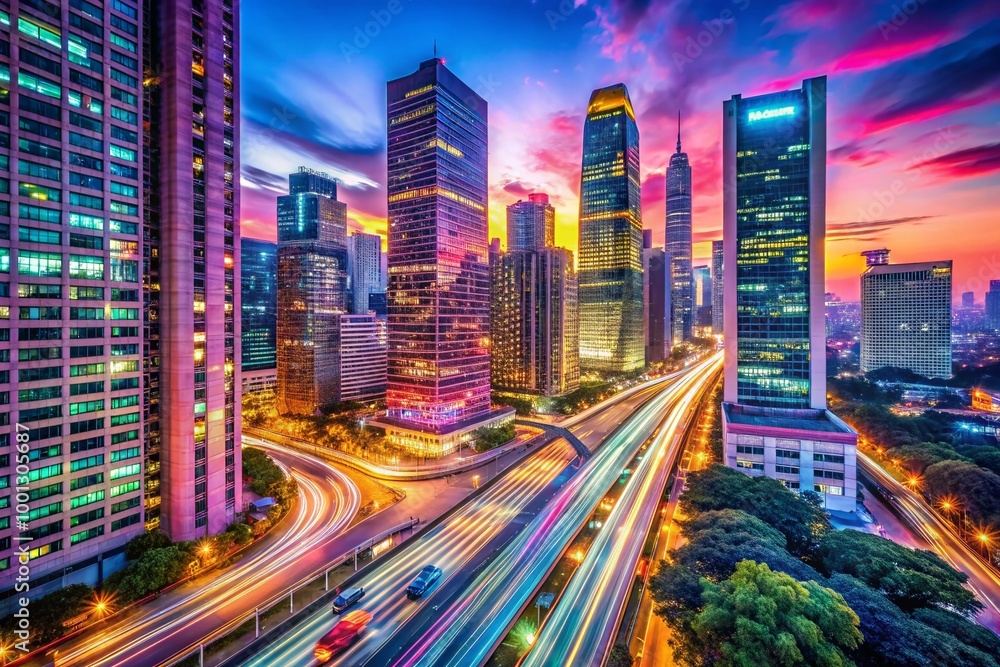 Obraz premium Vibrant neon-lit cityscape at dusk with sleek skyscrapers, busy streets, and blurred motion, creating an edgy, modern,