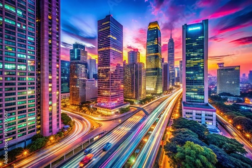 Vibrant neon-lit cityscape at dusk with sleek skyscrapers, busy streets, and blurred motion, creating an edgy, modern,