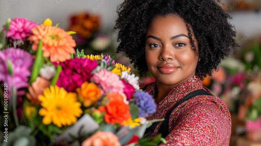 A smiling woman holds a vibrant bouquet of flowers, showcasing her passion for floristry in a lively floral shop setting. A smiling woman holds a vibrant bouquet of flowers, showcasing her passion for floristry in a lively floral shop setting.