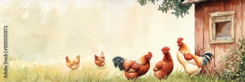 Three brown hens in a green grassy field with a wooden fence in the background.