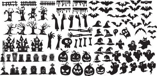 Collection of halloween silhouettes icon and character., witch, creepy and spooky elements for halloween decorations, silhouettes, sketch, icon, sticker. Hand drawn vector illustration - Vector