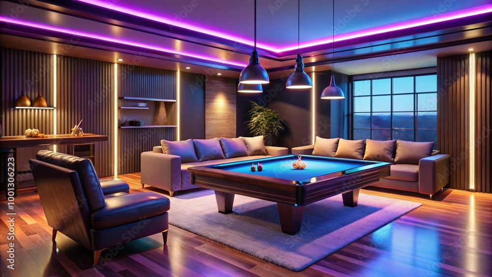 Vibrant neon-lit pool table dominates a modern game room with sleek wooden accents, luxurious leather couches, and Vibrant neon-lit pool table dominates a modern game room with sleek wooden accents, luxurious leather couches, and