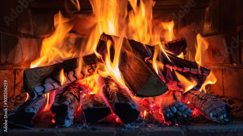 Close-up of a fireplace with vibrant flames and detailed burning wood