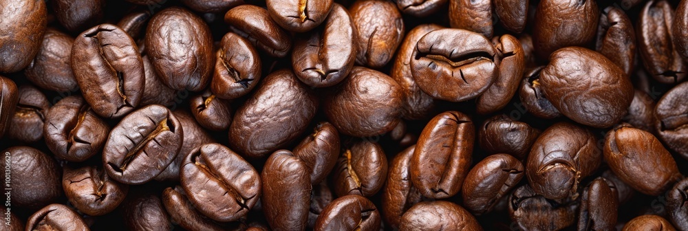 Obraz premium Close-up of roasted coffee beans, rich brown color, texture.