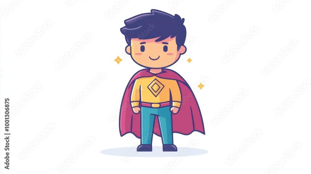 A flat line style superhero kid wearing a cape, standing proudly on a white background, perfect for playful and empowering designs. A flat line style superhero kid wearing a cape, standing proudly on a white background, perfect for playful and empowering designs.