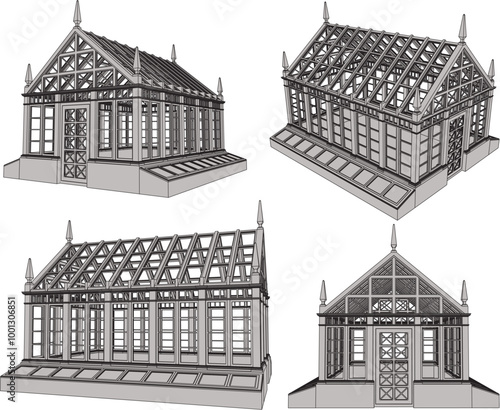 Vector sketch illustration silhouette of classic vintage ethnic greenhouse building design for plant growth