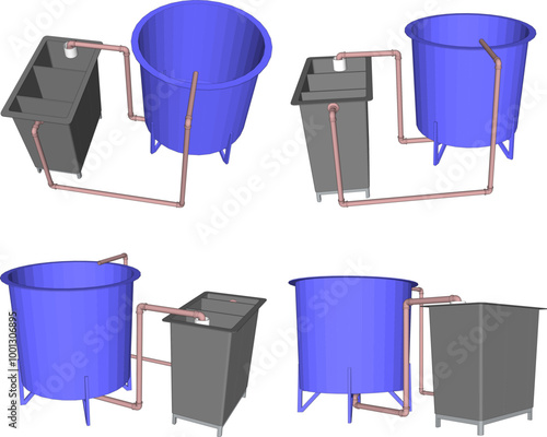 Vector sketch illustration silhouette of Experimental systems for aquaculture with piping system 