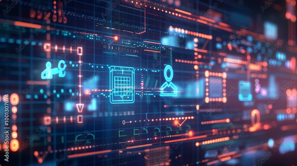 Abstract digital background with glowing icons representing technology, data, and innovation. Abstract digital background with glowing icons representing technology, data, and innovation.