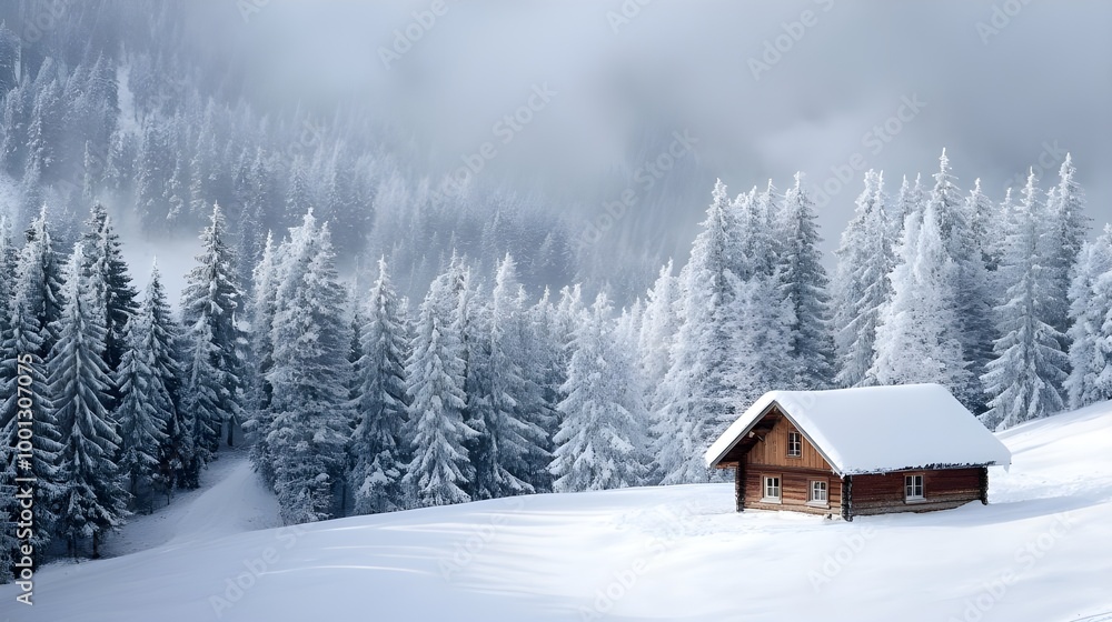 A small cabin surrounded by snowy trees in a winter landscape, evoking a sense of peace and isolation A small cabin surrounded by snowy trees in a winter landscape, evoking a sense of peace and isolation