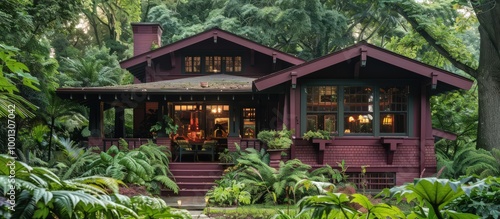 Craftsman house with a maroon exterior, decorative brackets, and an expansive porch surrounded by lush greenery.