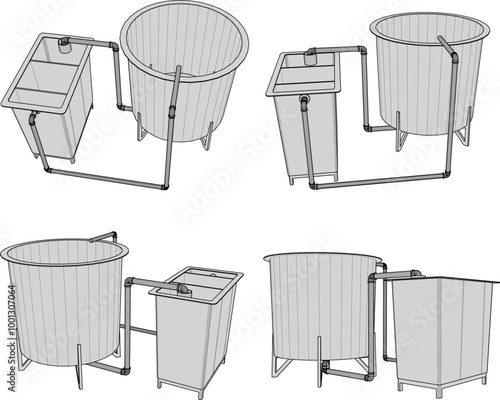 Vector sketch illustration silhouette of Experimental systems for aquaculture with piping system