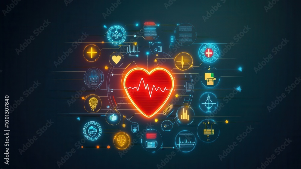 Neon glowing medical icons arranged around a digital heart monitor, symbolizing futuristic healthcare and data analysis Neon glowing medical icons arranged around a digital heart monitor, symbolizing futuristic healthcare and data analysis