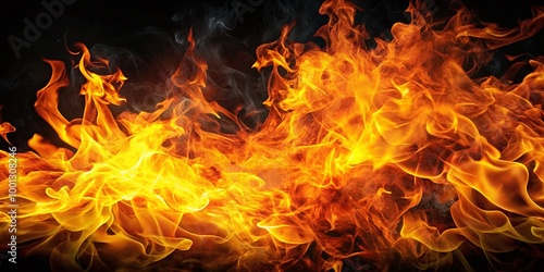 Vibrant orange and yellow flames erupt from a dark background, crackling with intense heat, producing a mesmerizing and