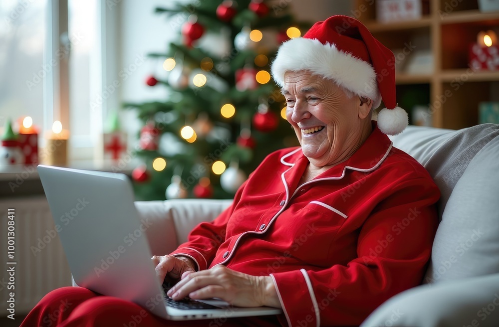 an elderly woman in a Santa Claus hat is greeting her relatives online an elderly woman in a Santa Claus hat is greeting her relatives online
