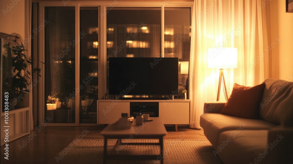 Cozy living room with a minimalist design, featuring a wall-mounted TV, a warm-toned lamp, and light streaming through the glass doors. Cozy living room with a minimalist design, featuring a wall-mounted TV, a warm-toned lamp, and light streaming through the glass doors.