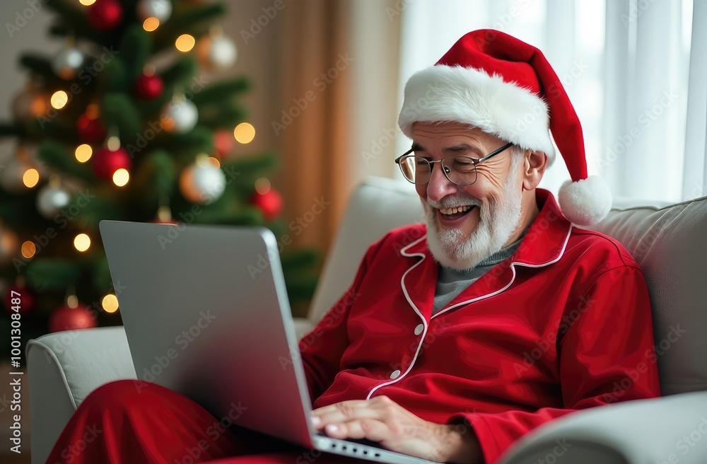 an elderly man in a Santa Claus hat makes online greetings to his relatives, friends an elderly man in a Santa Claus hat makes online greetings to his relatives, friends