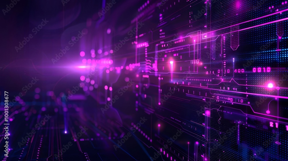 Obraz premium Abstract digital technology background with glowing purple lines and circuits.