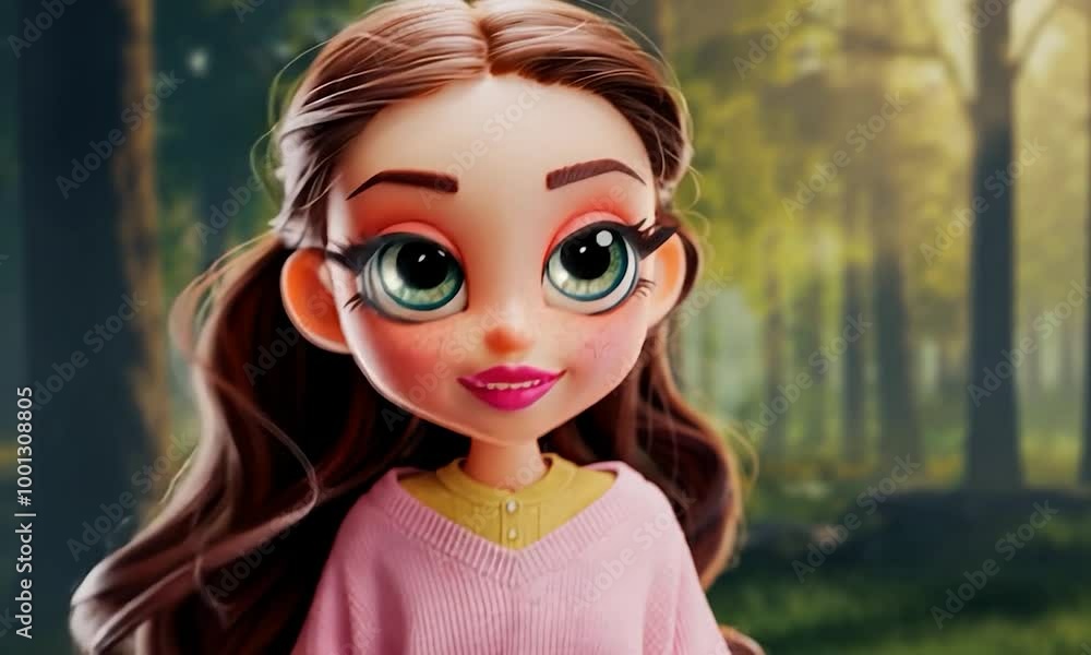 Charming Animated Character with Big Eyes in a Forest Setting: 3D Cartoon animation Charming Animated Character with Big Eyes in a Forest Setting: 3D Cartoon animation