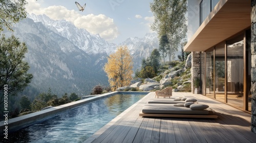 Elevated deck with a luxurious pool, surrounded by mountain homes, as delicate, imaginative thoughts of flying freely hover in the crisp air.