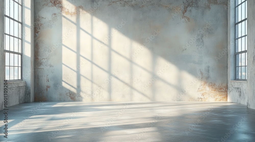 A spacious, sunlit room with a textured wall and large windows. A spacious, sunlit room with a textured wall and large windows.