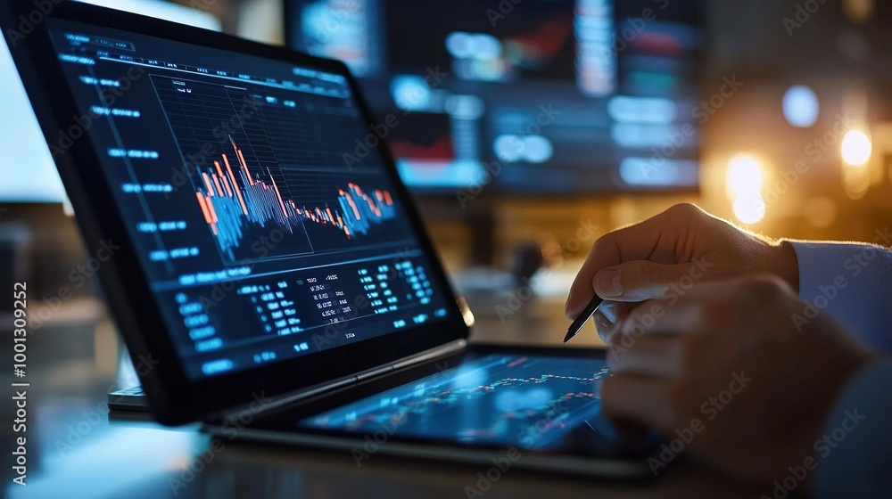Businessman Reviewing Stock Market Trends on Tablet Businessman Reviewing Stock Market Trends on Tablet