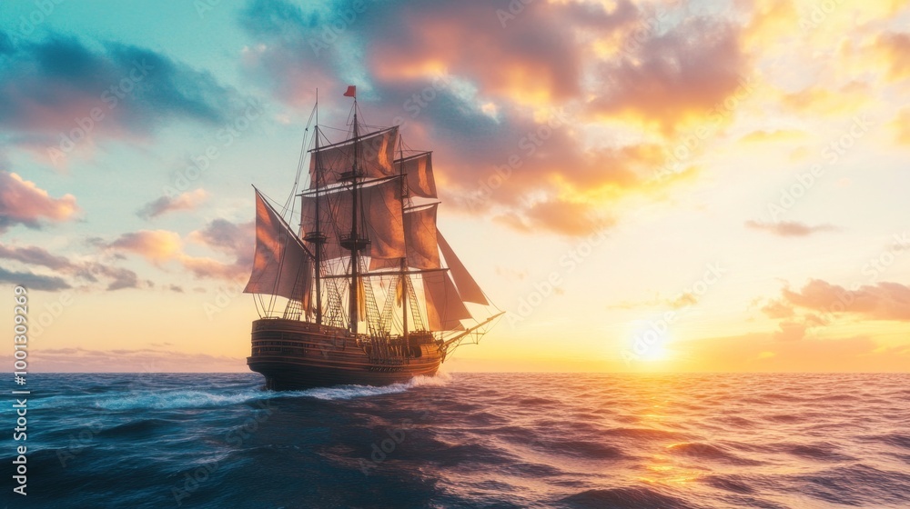 Fototapeta premium Old sailing ship cuts through waves at sunset, sails billowing
