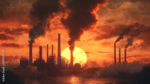 Burning industrial landscape at dusk, thick smoke ascending, symbolizing ecological destruction