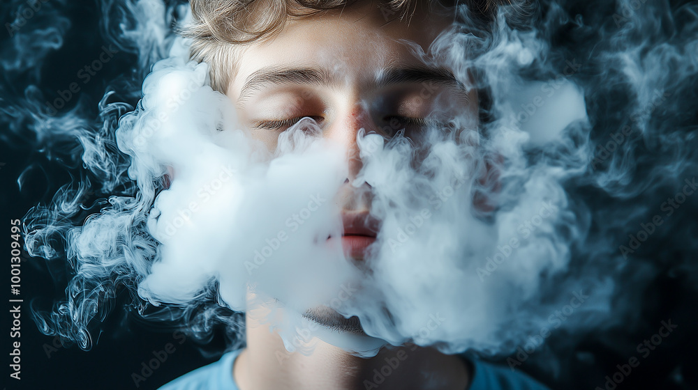 Guy exhaling cigarette smoke. Close-up portrait of smoking guy. Thick cigarette smoke covers his face. Guy exhaling cigarette smoke. Close-up portrait of smoking guy. Thick cigarette smoke covers his face.