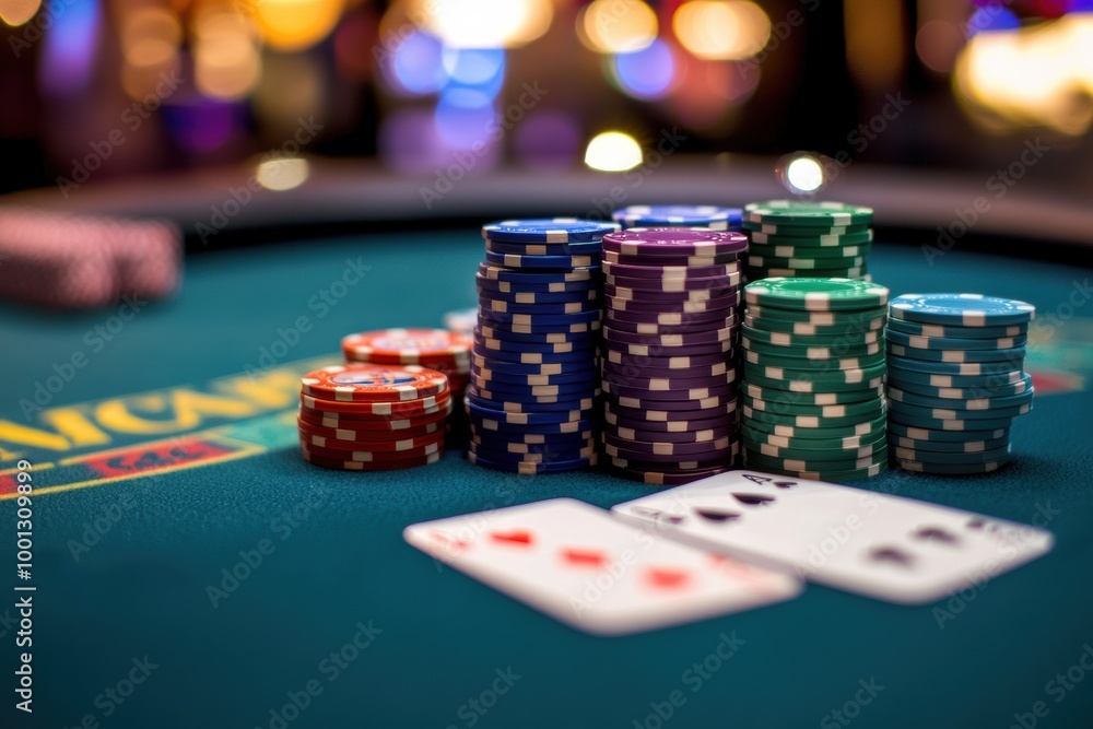 Stacks of colorful poker chips on a casino table with playing cards in a lively gaming environment. Generative AI Stacks of colorful poker chips on a casino table with playing cards in a lively gaming environment. Generative AI