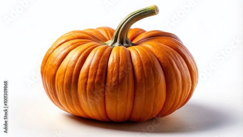 Vibrant orange pumpkin with intricate ridges and stem, isolated on a clean white background, casting subtle shadows and