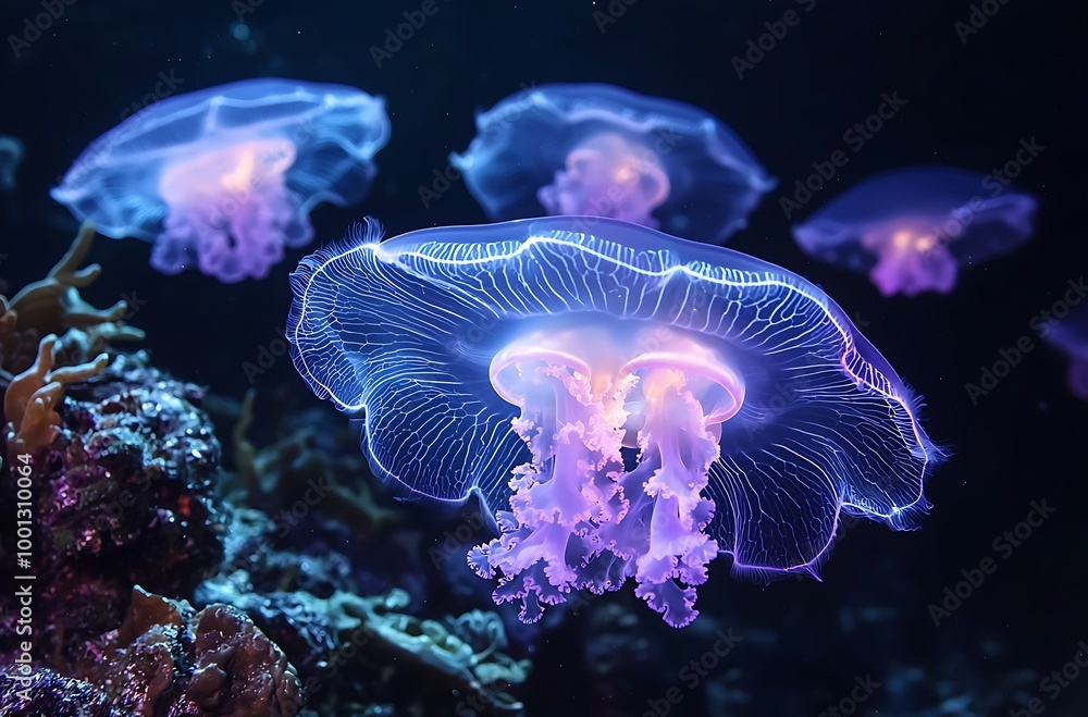 Group of glowing jellyfish floating in the dark ocean Group of glowing jellyfish floating in the dark ocean