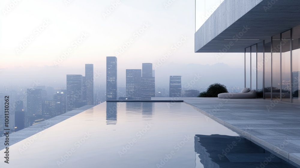 Minimalist deck design with an infinity pool overlooking city buildings, with reflections of skyscrapers in the calm water. Minimalist deck design with an infinity pool overlooking city buildings, with reflections of skyscrapers in the calm water.